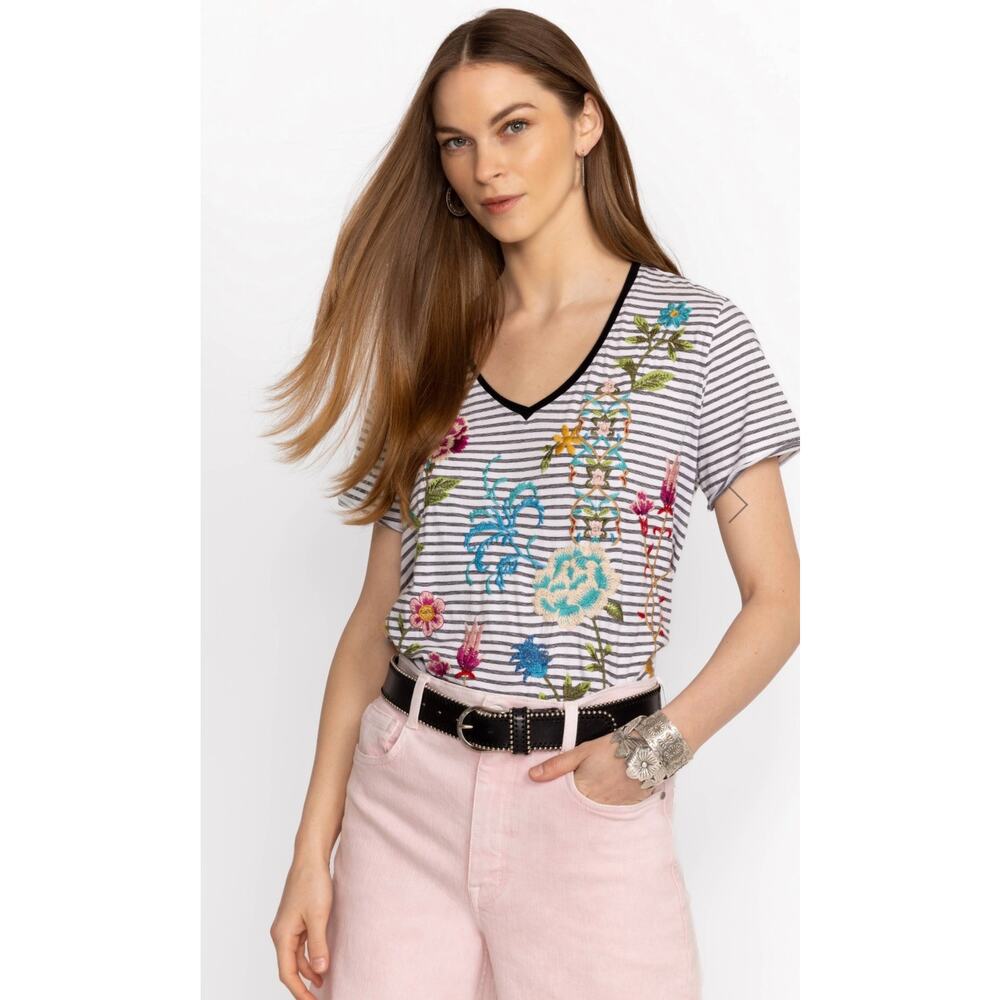 Johnny Was Sheri Everyday Stripe V-Neck Tee T-Shirt Black White Stretchy XS